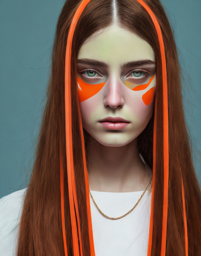 Long Red Hair Woman with Striking Orange Makeup on Blue Backdrop