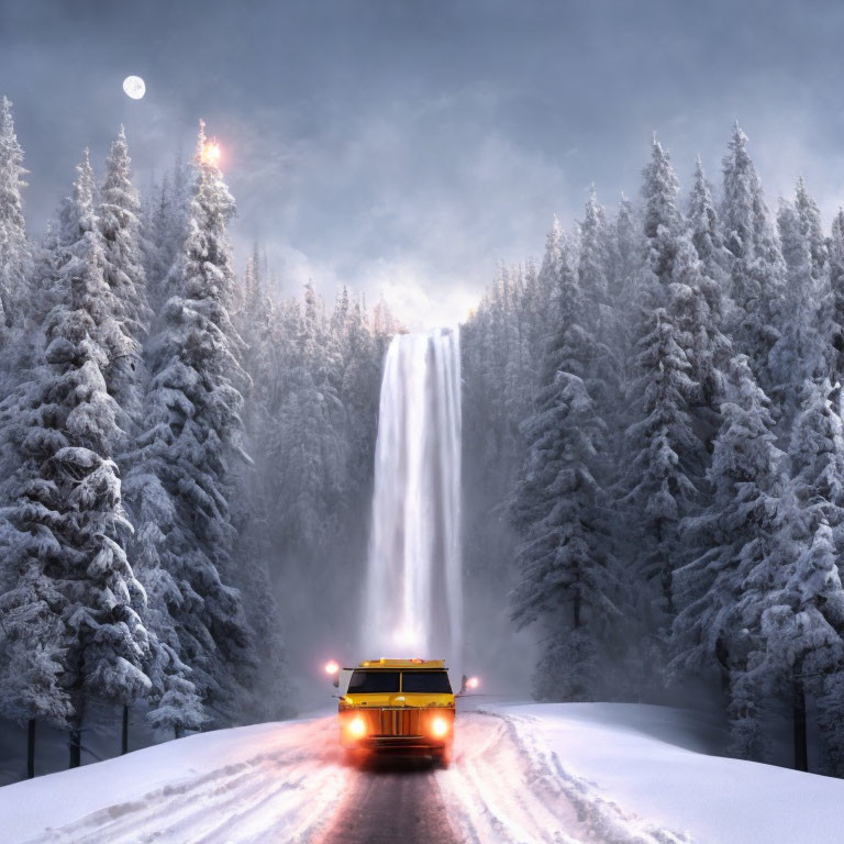 School bus near tall waterfall in snowy pine forest at twilight