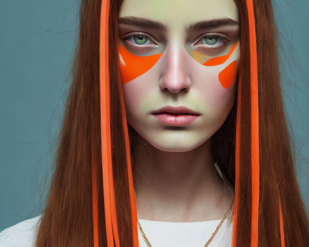 Long Red Hair Woman with Striking Orange Makeup on Blue Backdrop