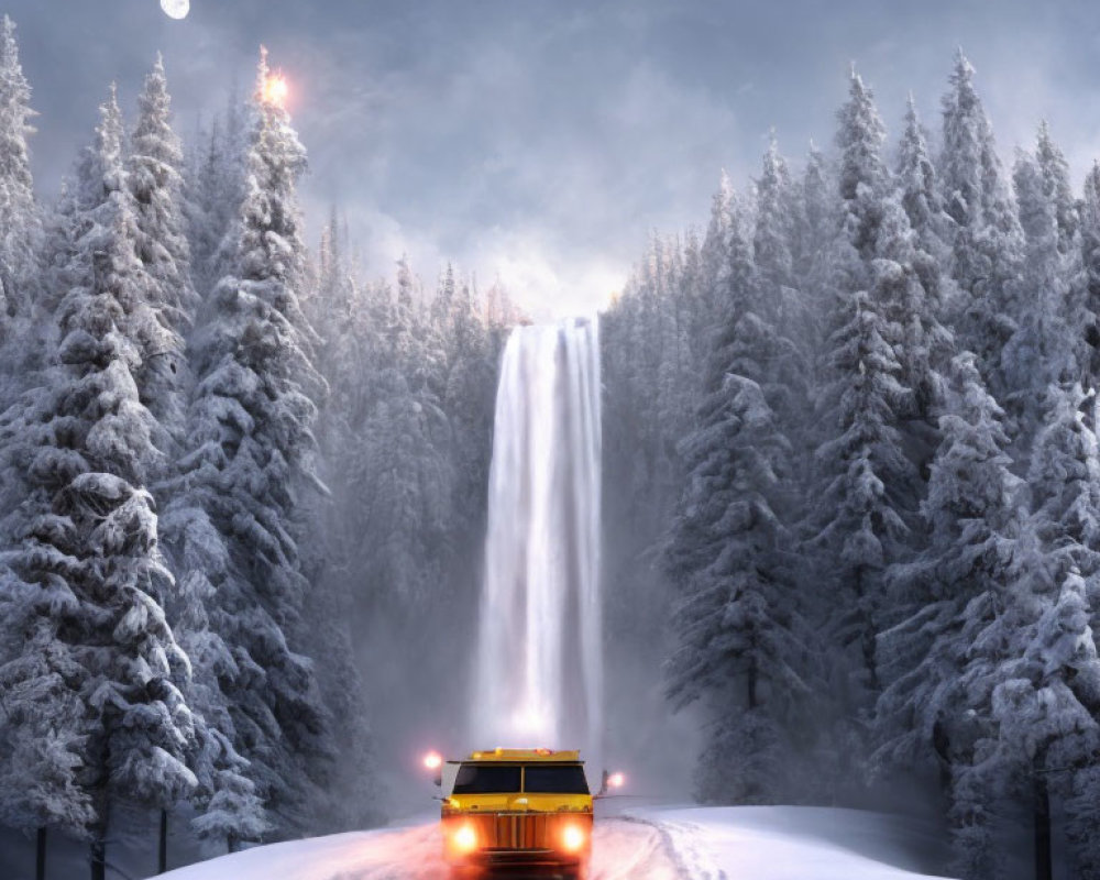 School bus near tall waterfall in snowy pine forest at twilight