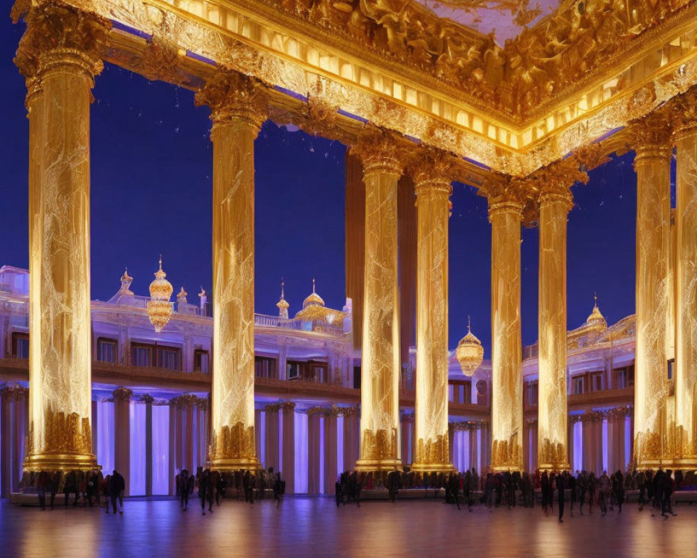 Ornate Building with Golden Pillars in Vibrant Twilight Sky