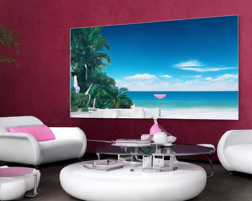 Contemporary living room with white furniture, glass table, and tropical beach painting