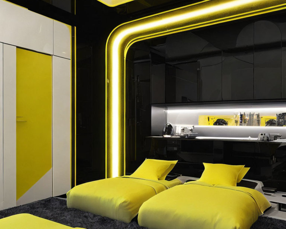 Stylish bedroom with black walls, yellow accents, neon lighting, contemporary furniture
