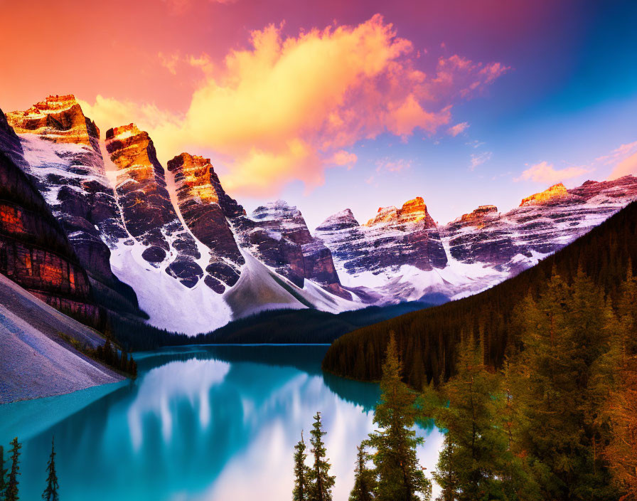 Scenic sunrise over mountain lake with snow-capped peaks