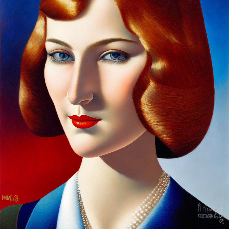 Woman portrait in art deco style with bob haircut, blue attire, pearl necklace, red lips, set
