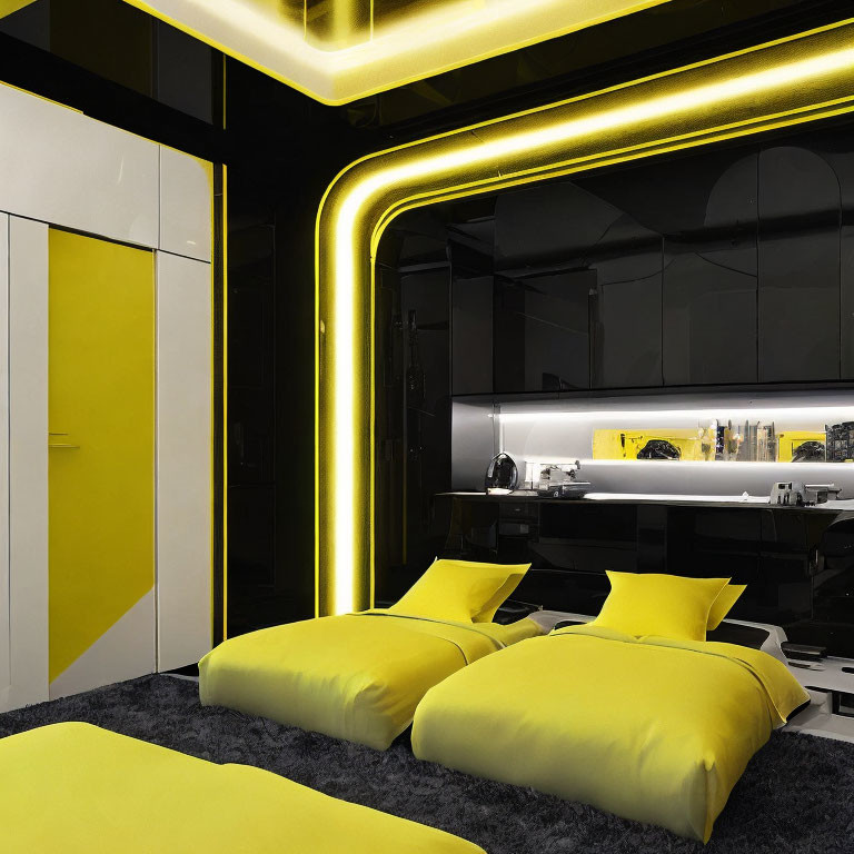 Stylish bedroom with black walls, yellow accents, neon lighting, contemporary furniture