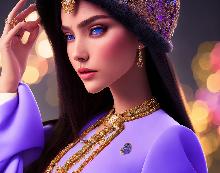 Woman with blue eyes in jeweled headpiece and purple attire on bokeh-light backdrop