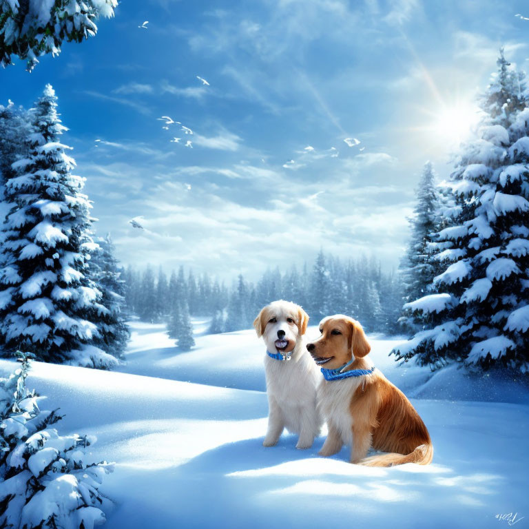 Two dogs with blue ball in snowy landscape with pine trees & sunbeams