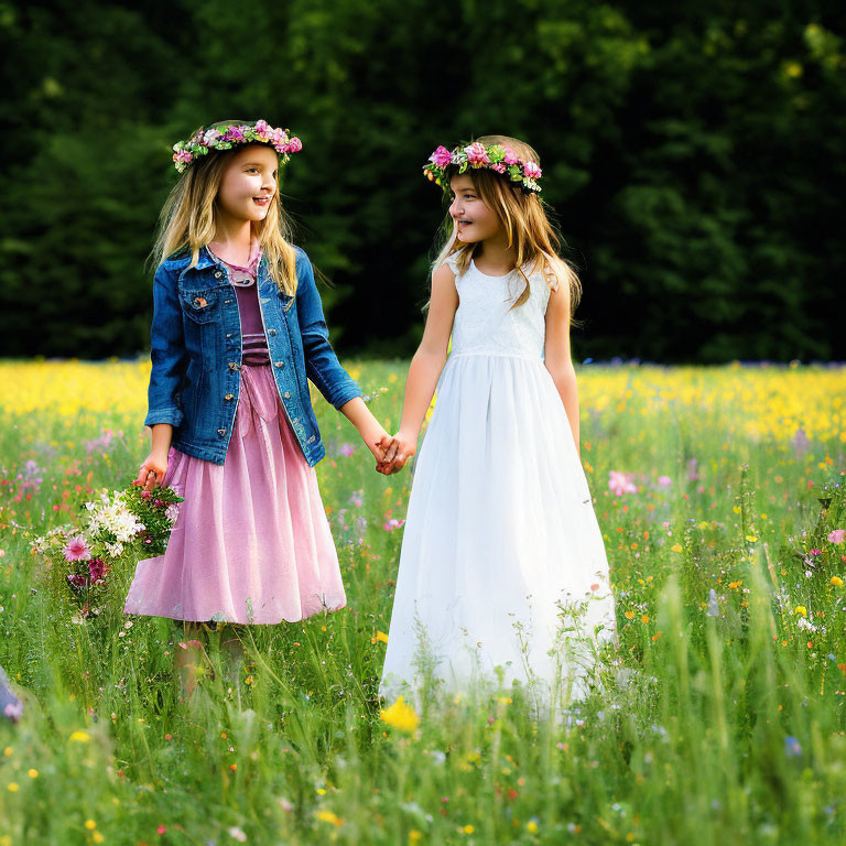 Two girls in flower crowns holding hands in sunny field with wildflowers.