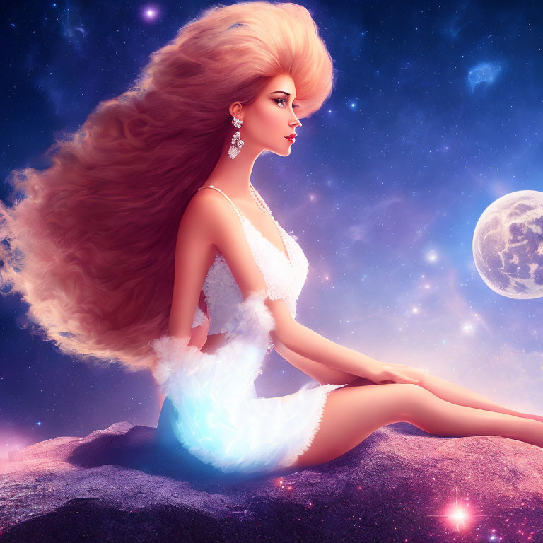 Illustration of woman with voluminous hair in cosmic setting