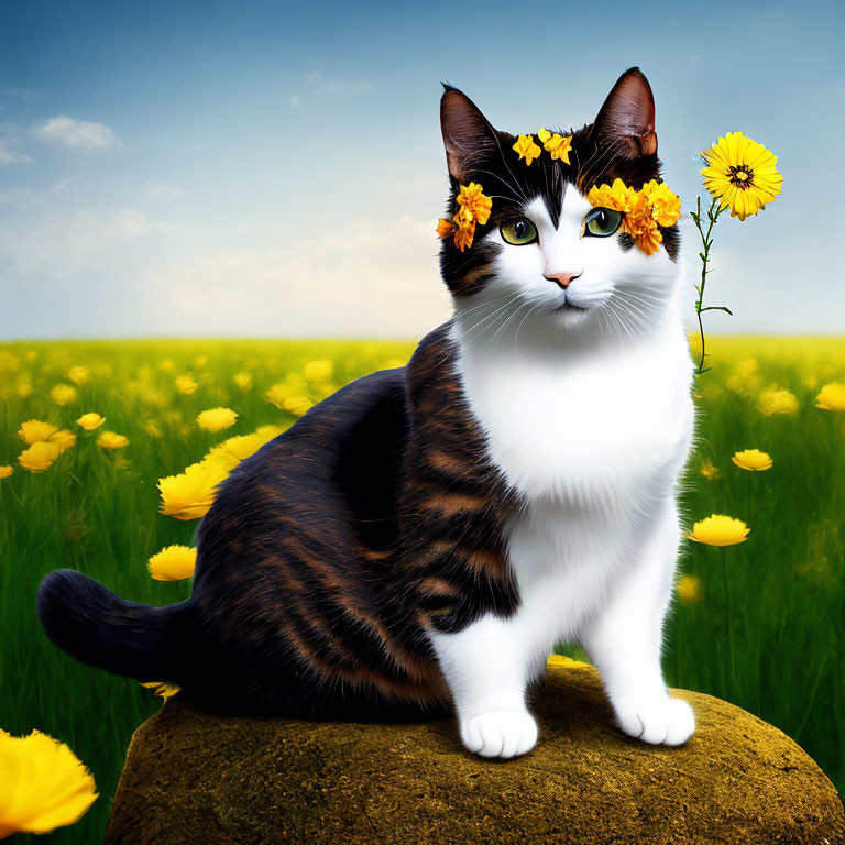 Black and white cat with yellow flowers in daisy field under blue sky