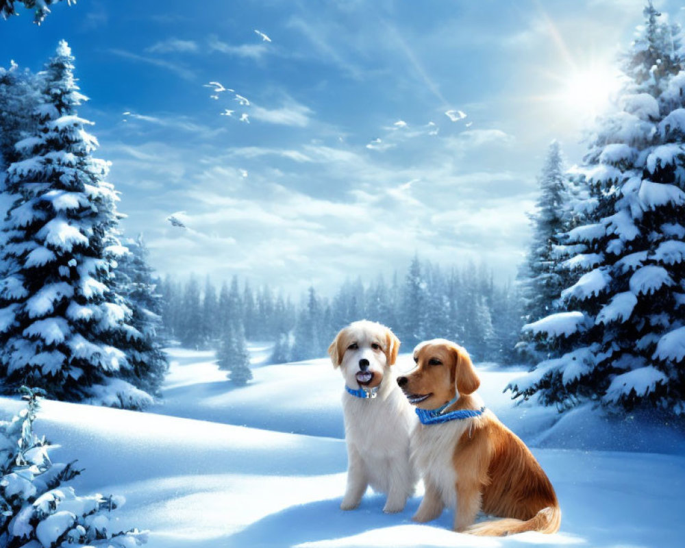 Two dogs with blue ball in snowy landscape with pine trees & sunbeams