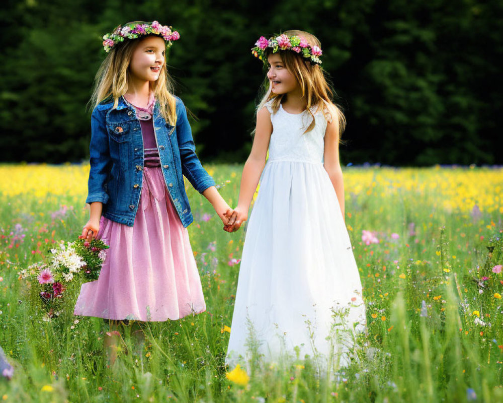 Two girls in flower crowns holding hands in sunny field with wildflowers.