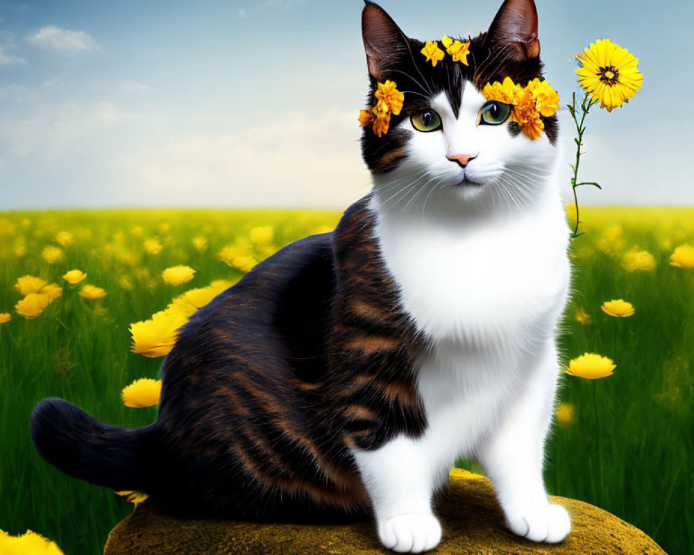 Black and white cat with yellow flowers in daisy field under blue sky