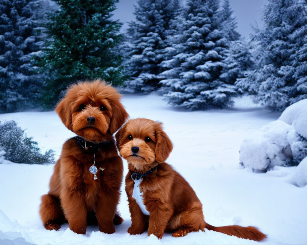 Two Brown Puppies with Collars Sitting in Snowy Landscape