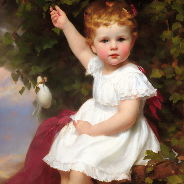 Young child with curly hair in white frock among foliage with bird.