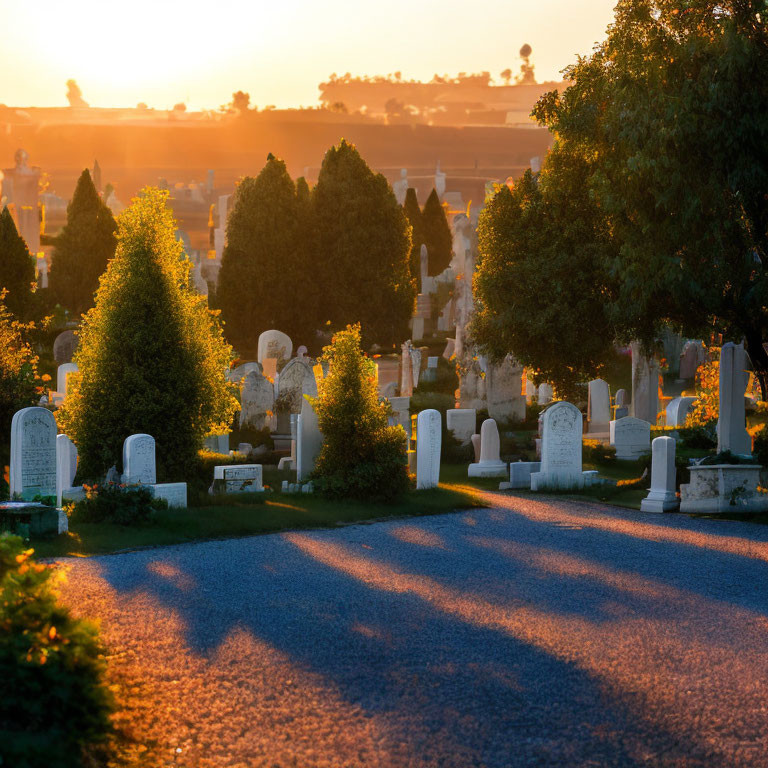 Sunset scene in cemetery with gravestones casting long shadows