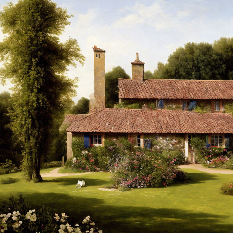 Quaint Cottage with Blue Tile Roof and White Dog in Lush Greenery