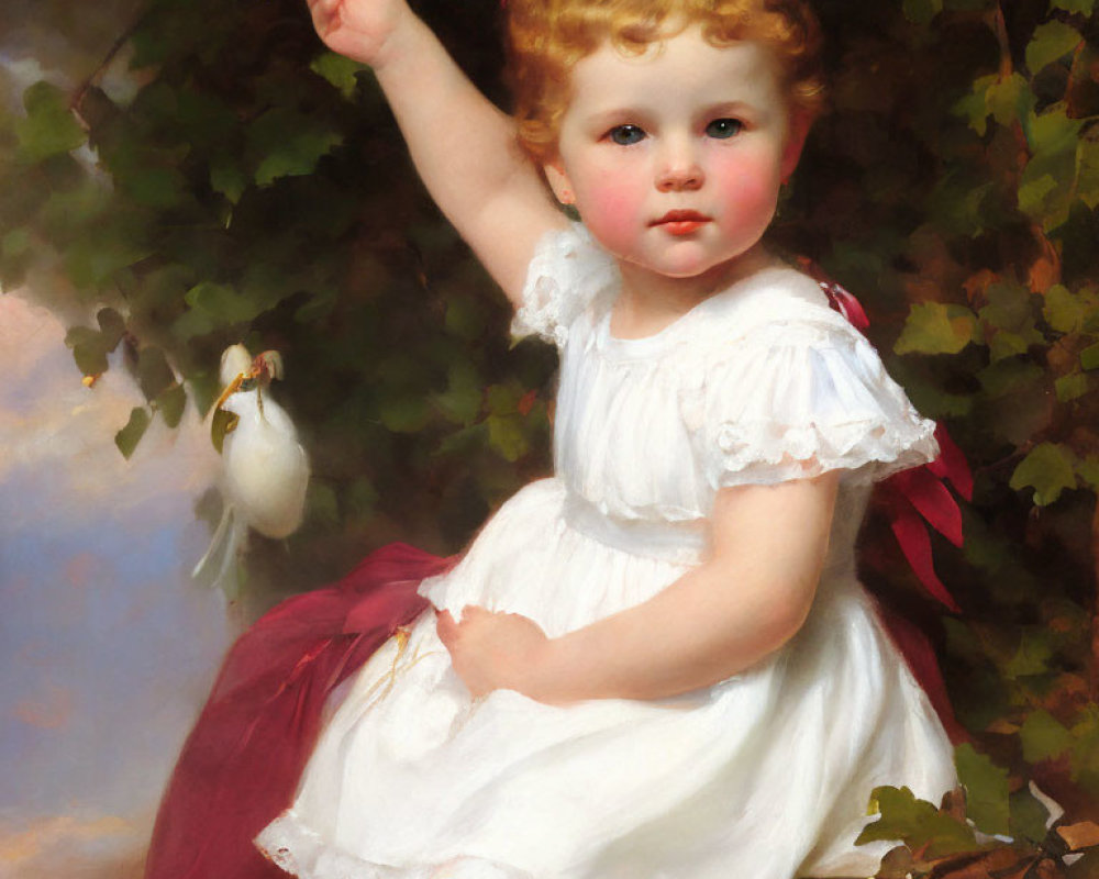 Young child with curly hair in white frock among foliage with bird.