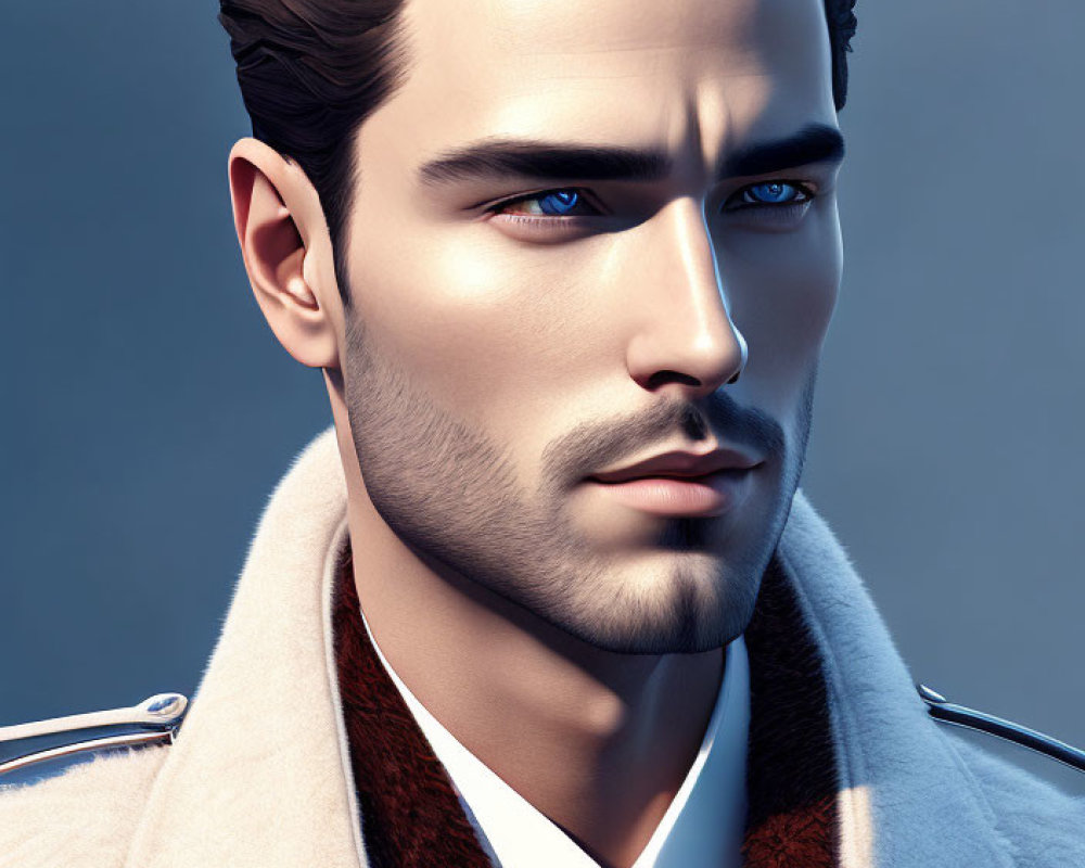 Portrait of a man with styled hair and blue eyes in white coat