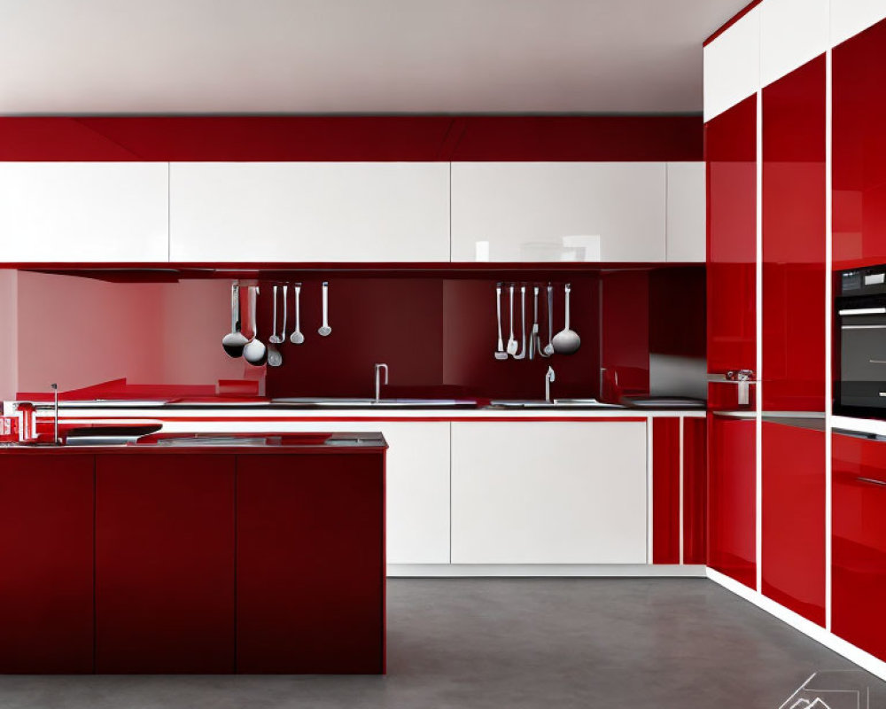 Contemporary Kitchen Design: Red and White Color Scheme, Glossy Cabinets, Integrated Appliances, Island with