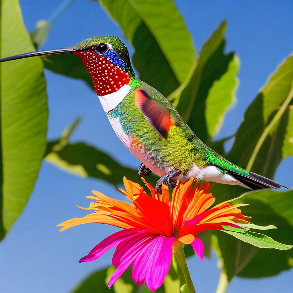 Colorful hummingbird on orange flower under blue sky