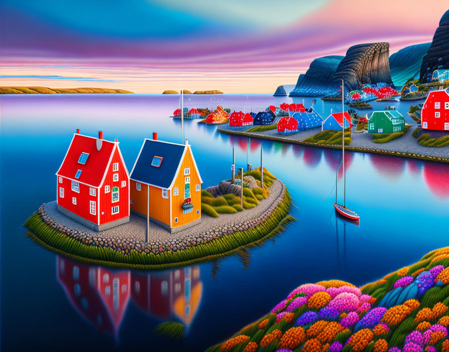 Scenic coastal village with colorful houses, sailboat, and sunset sky