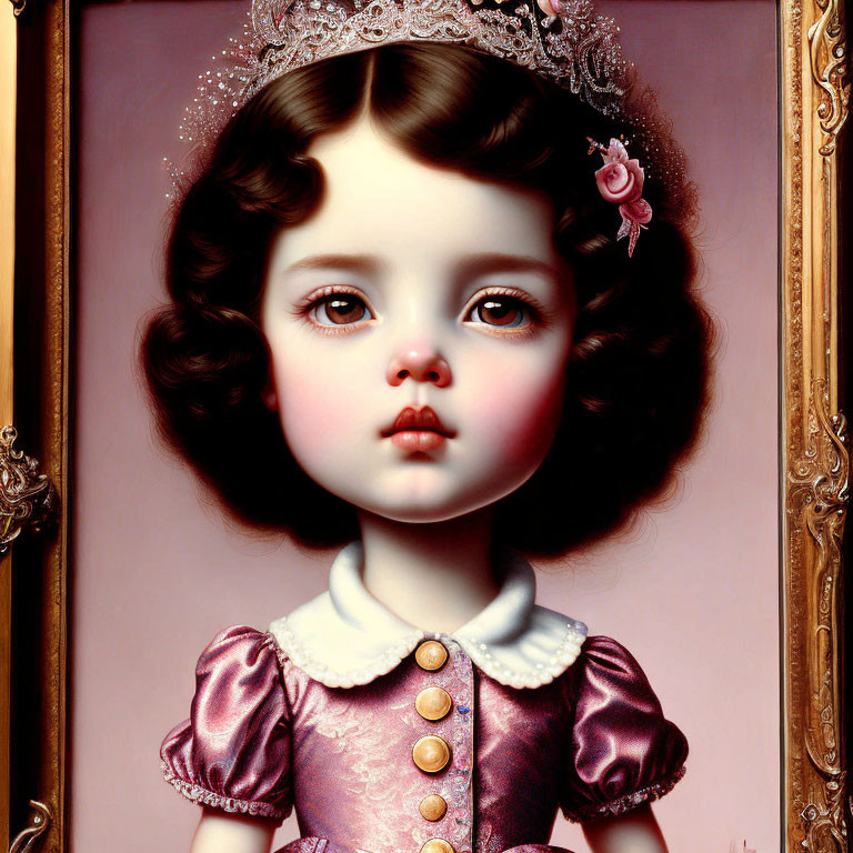 Digital portrait of doll-like girl in vintage pink dress with tiara, framed by ornate golden border