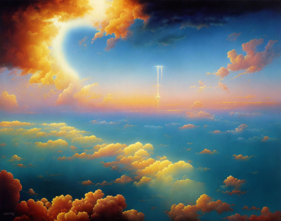 Celestial sunset painting with golden clouds and luminous doorway