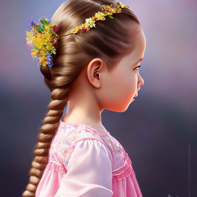 Young girl with long braid and floral hair adornment in pink dress.