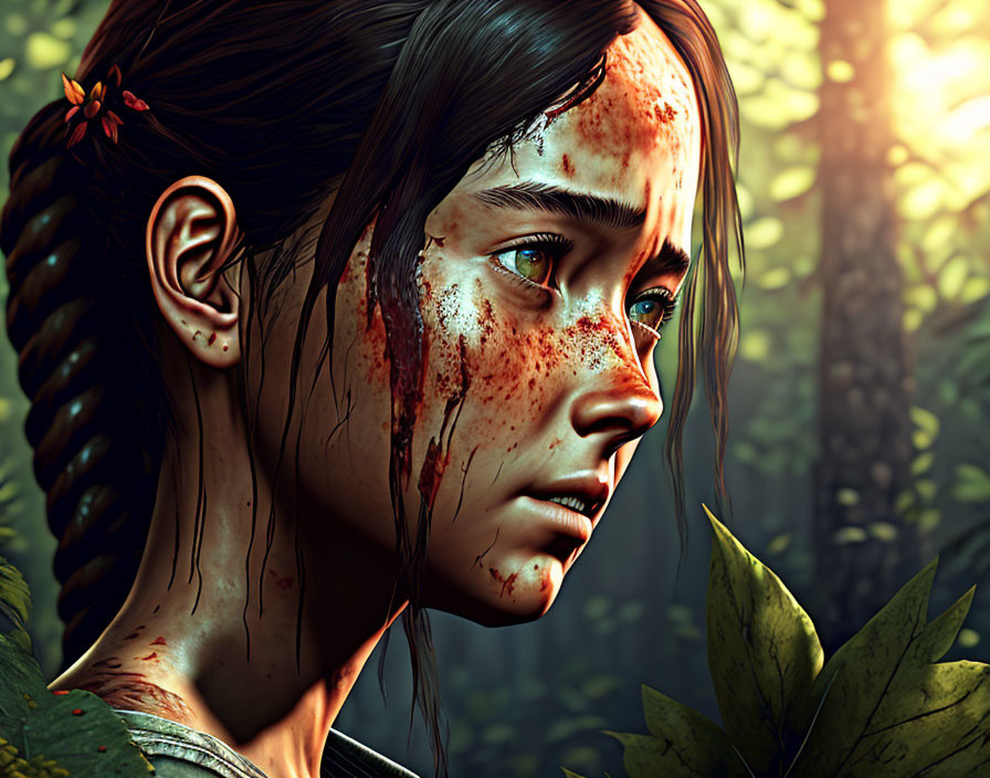 Detailed digital illustration: Girl with braided hair and blood, troubled expression, in forest setting with sunlight