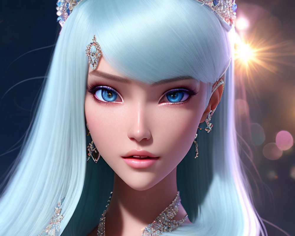 Pale Blue-Haired Animated Character with Jeweled Crown in Night Sky