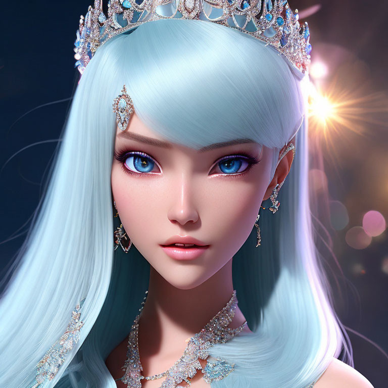 Pale Blue-Haired Animated Character with Jeweled Crown in Night Sky