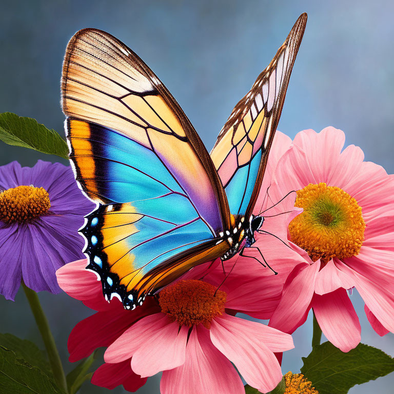 Colorful Butterfly Resting on Pink Flower with Blue Background