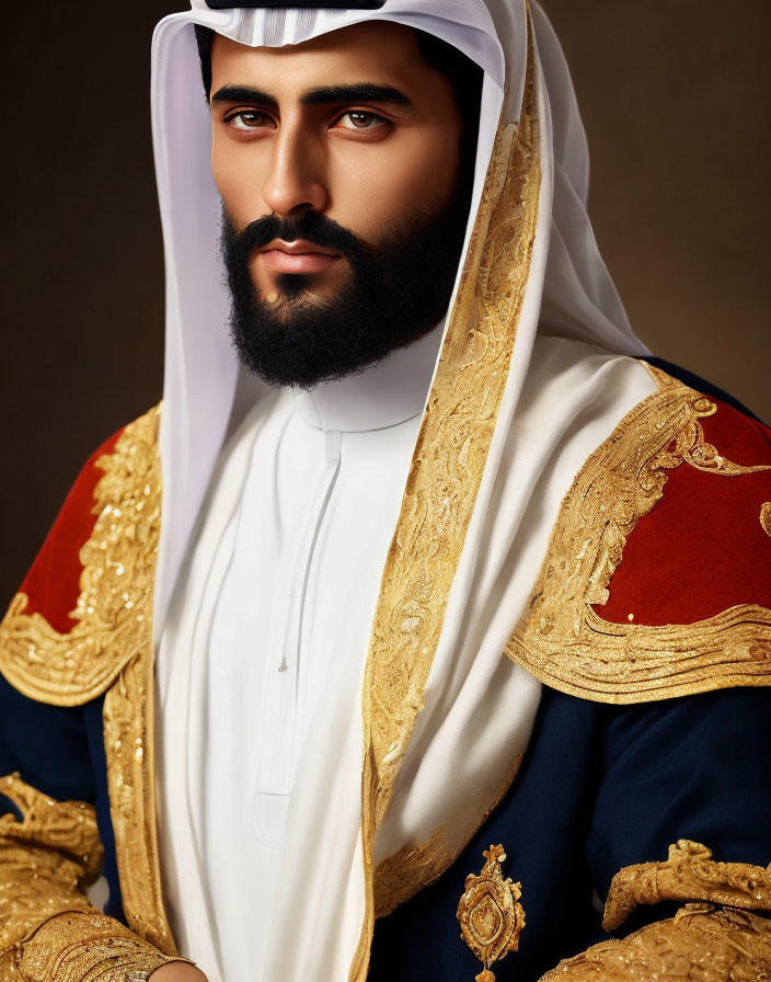 Traditional Arab attire with white headscarf and gold-embroidered cloak