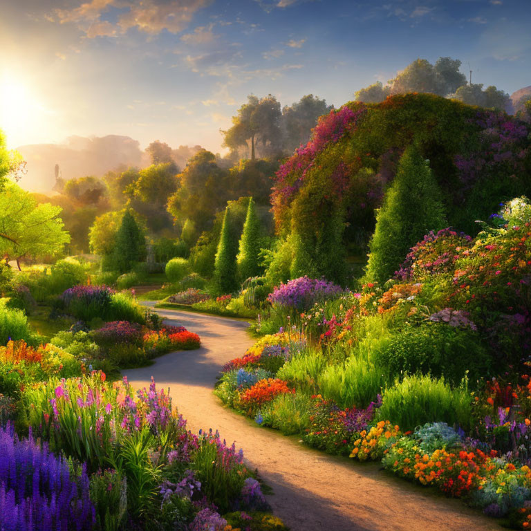 Vibrant garden with lush greenery and colorful flowers at sunrise