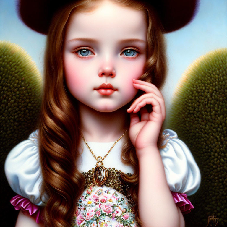 Hyperrealistic Painting of Young Girl with Blue Eyes and Bonnet