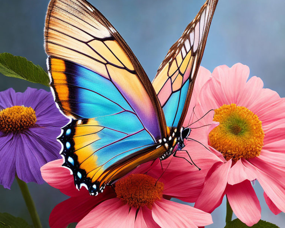 Colorful Butterfly Resting on Pink Flower with Blue Background