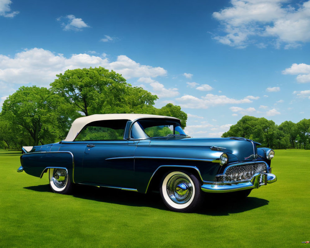 Classic Blue Convertible Car Parked on Grass with Clear Sky and Trees