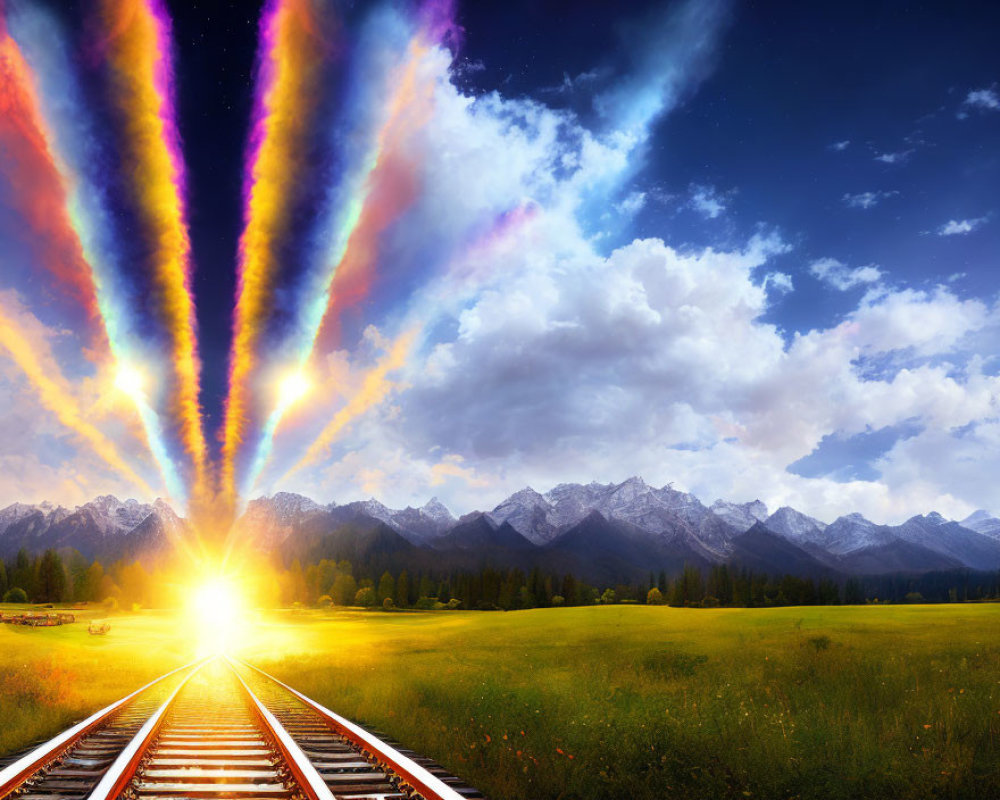 Colorful sunset over train tracks, mountains, and fields