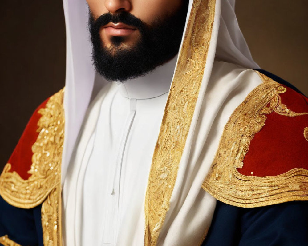 Traditional Arab attire with white headscarf and gold-embroidered cloak