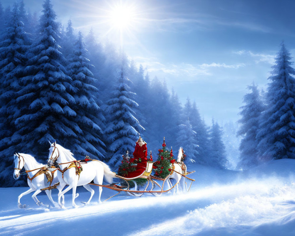 Santa Claus on sleigh pulled by white horses in snowy forest