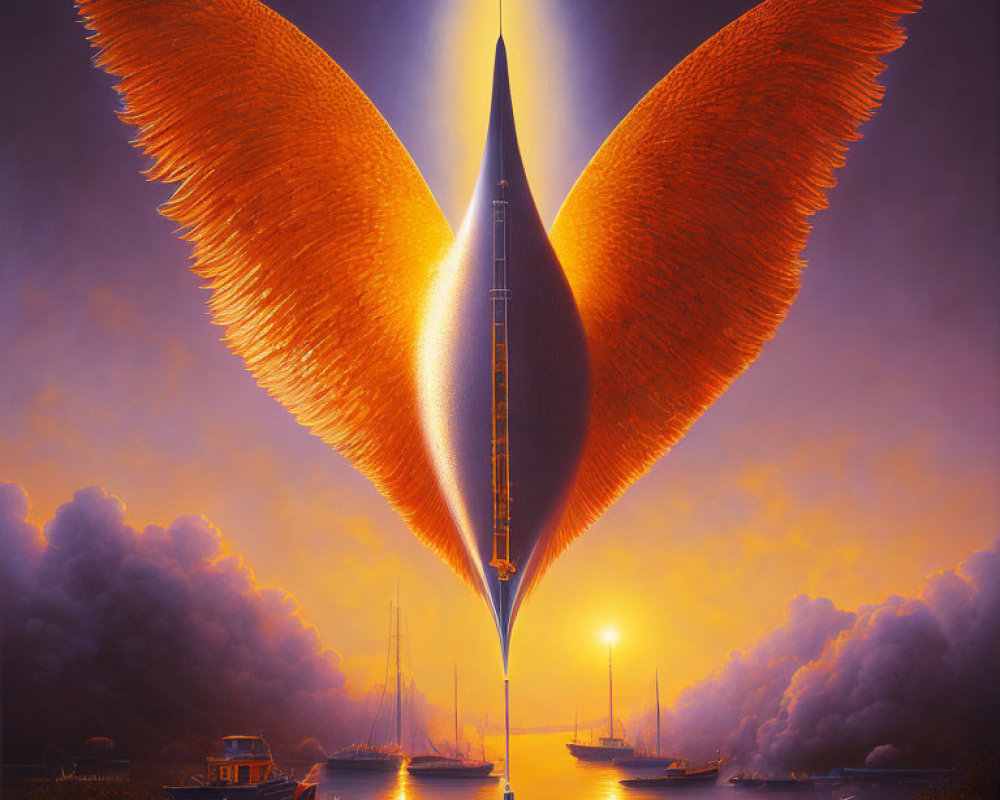 Futuristic rocket with glowing orange wings over harbor at twilight