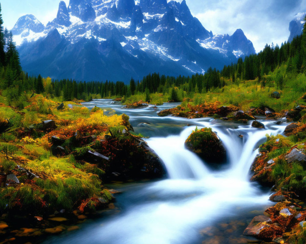 Tranquil mountain landscape with river, waterfalls, greenery, and snowy peaks