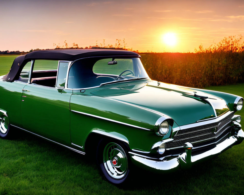 Vintage Green Convertible Car Parked at Sunset in Open Field