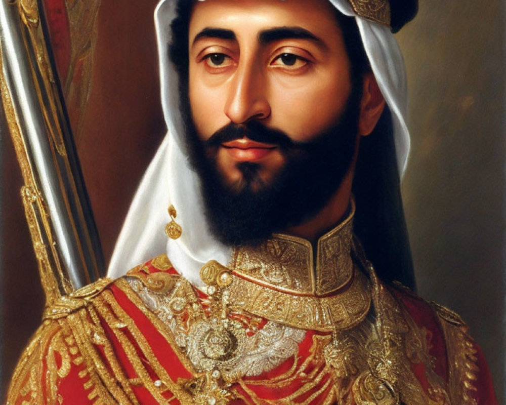 Traditional Middle Eastern man portrait in white headscarf and golden headdress.