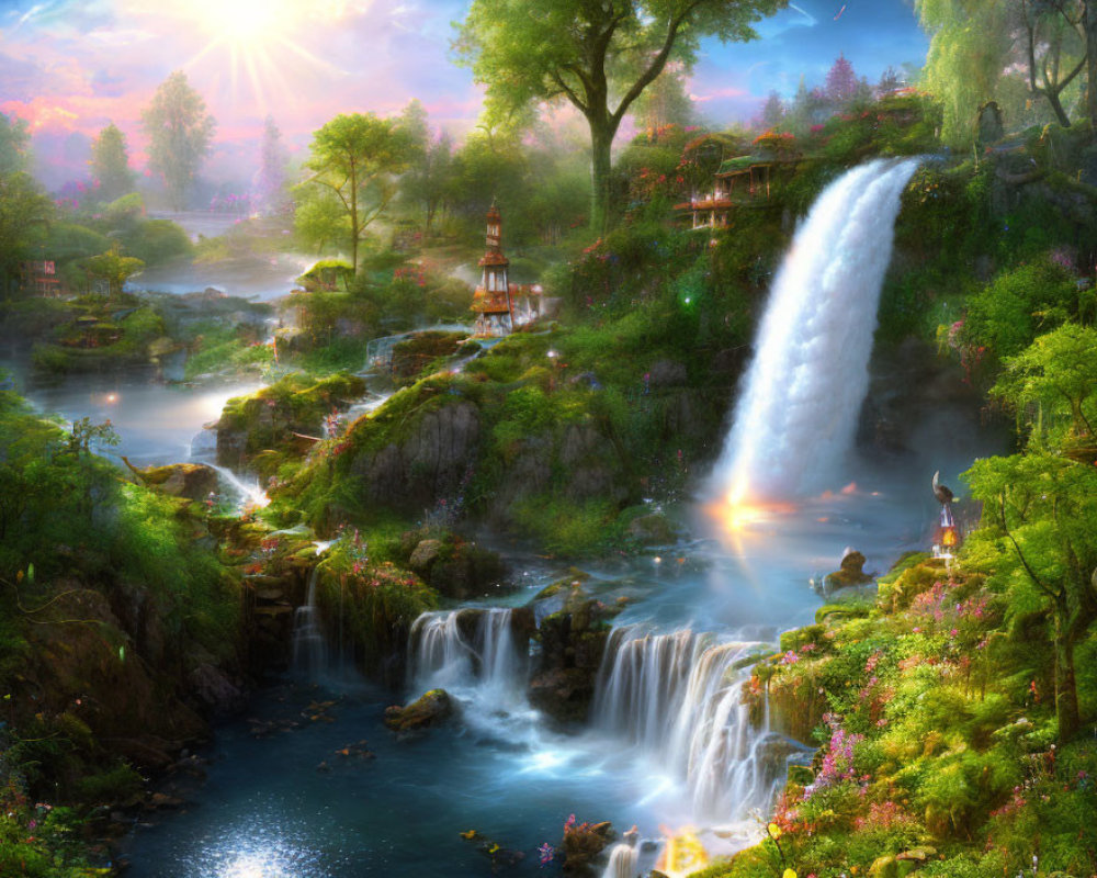 Scenic landscape with waterfall, stream, gazebo, and figure in sunlight