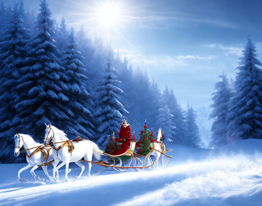 Santa Claus on sleigh pulled by white horses in snowy forest