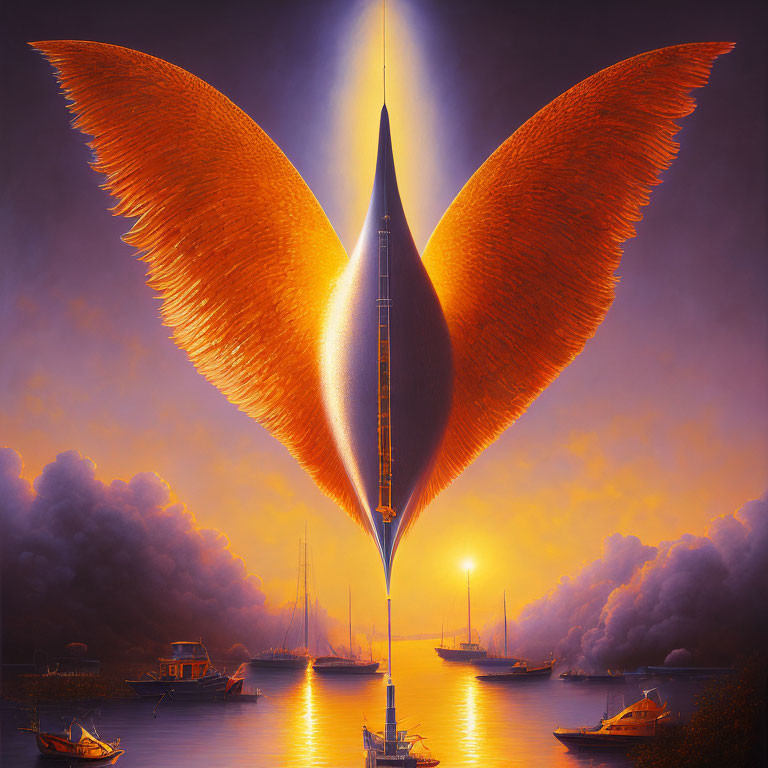 Futuristic rocket with glowing orange wings over harbor at twilight