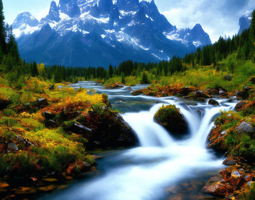 Tranquil mountain landscape with river, waterfalls, greenery, and snowy peaks